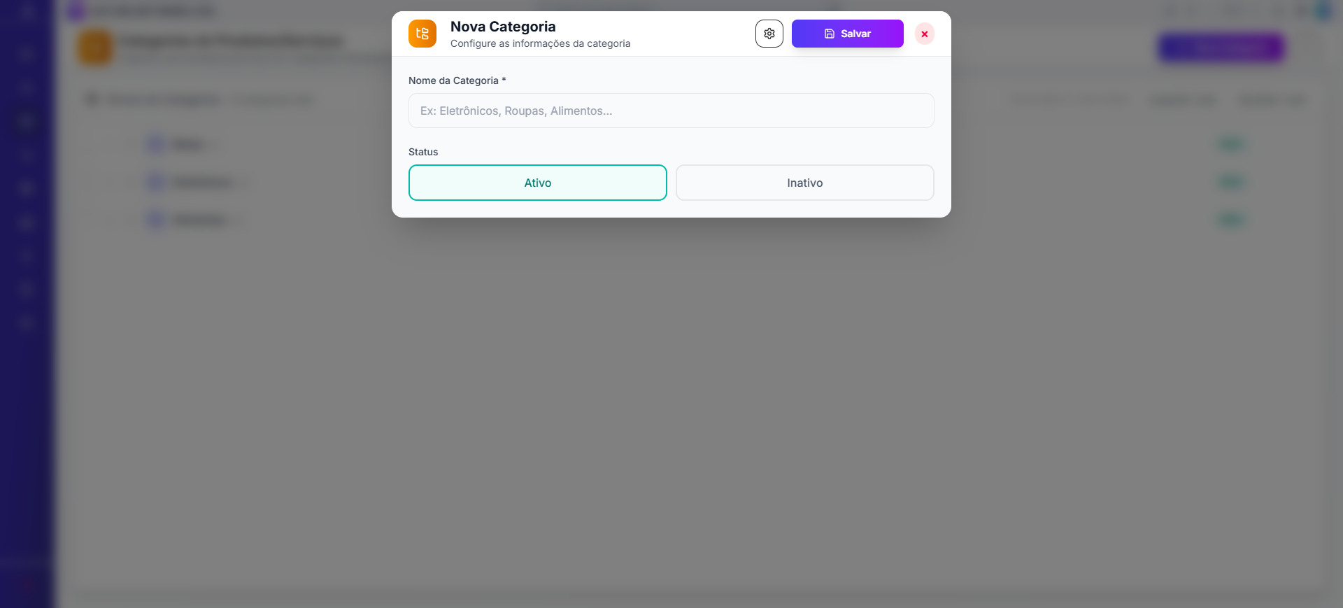 Tela inicial de categorias de produtos