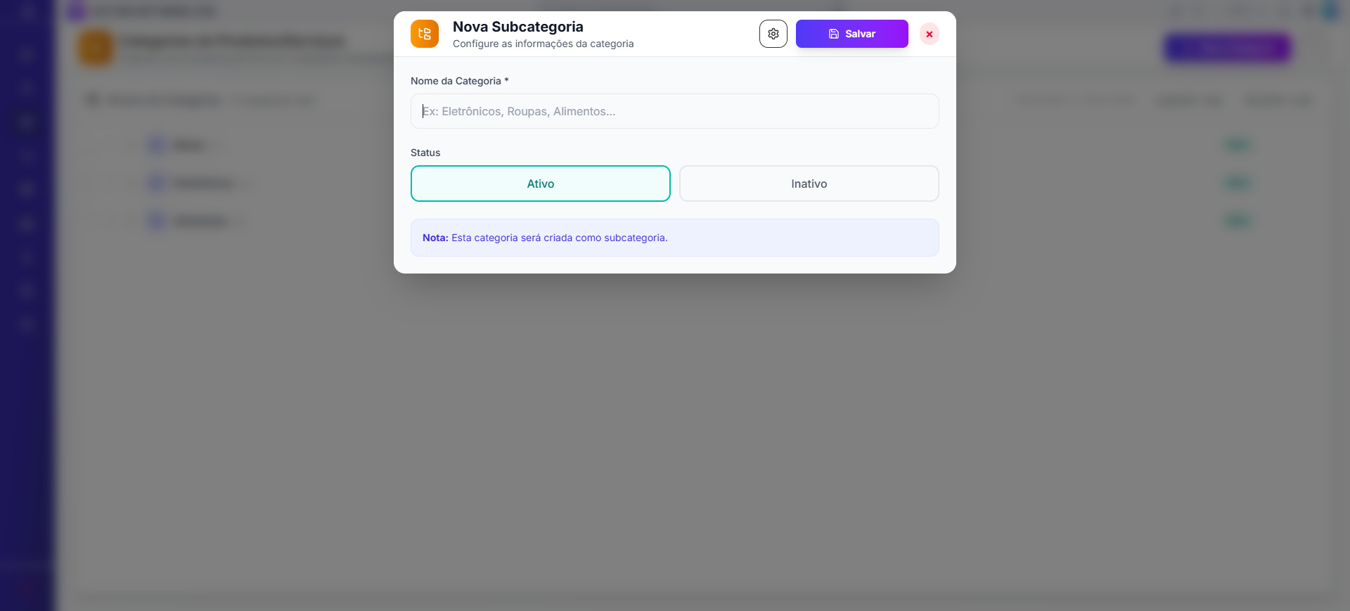Tela inicial de categorias de produtos