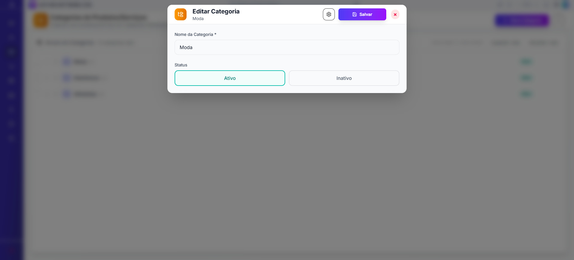 Tela inicial de categorias de produtos