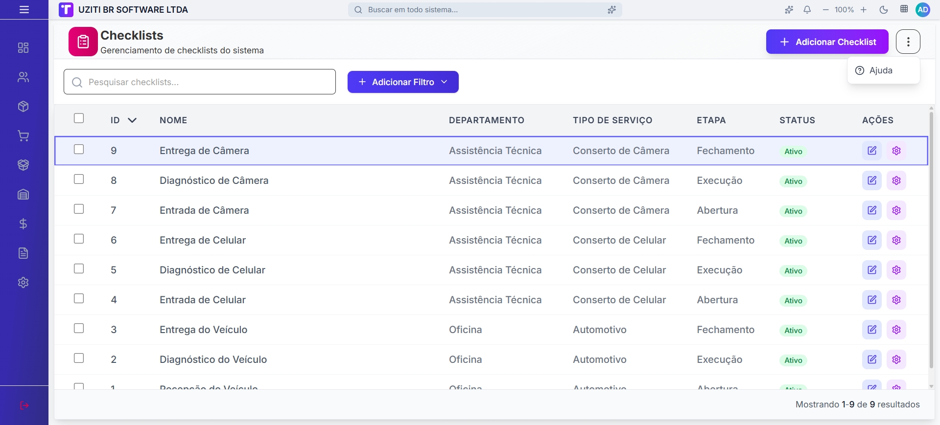 Tela inicial de Checklists