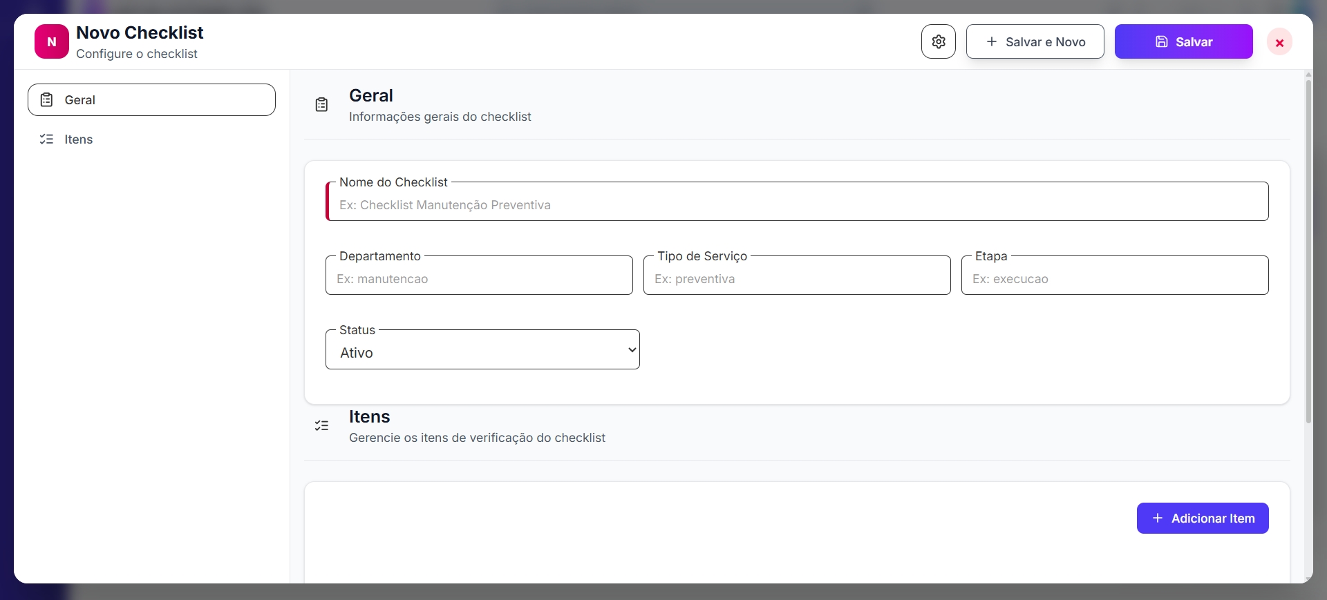 Tela de cadastro de Checklists