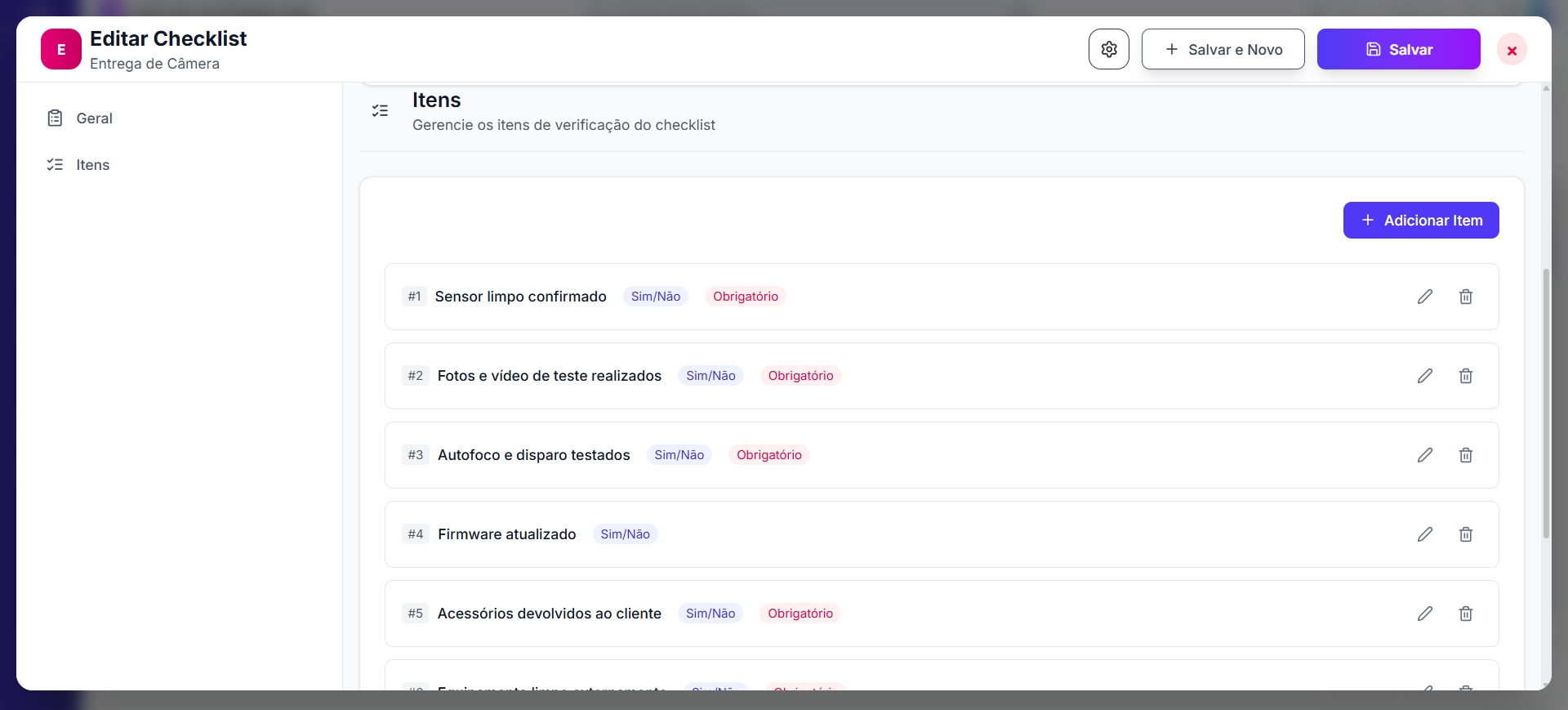 Tela inicial de Checklists