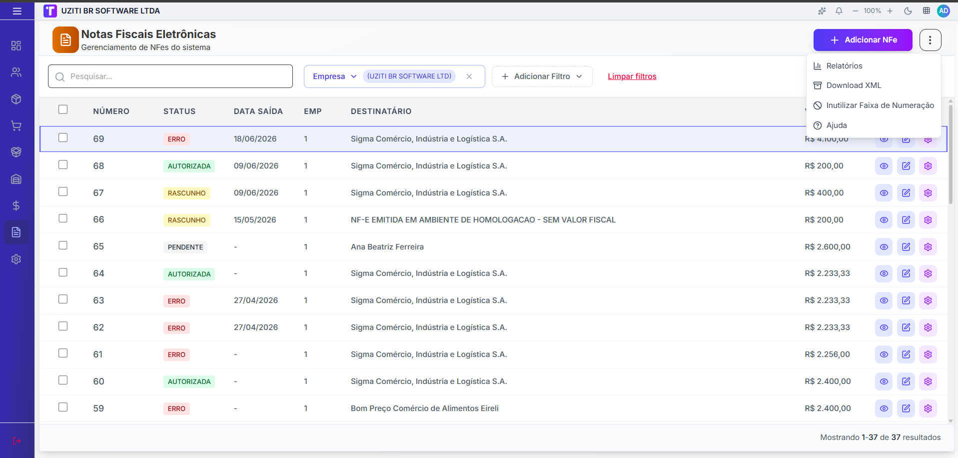 Menu do cabeçalho de NF-e com Relatórios, Download XML e Ajuda