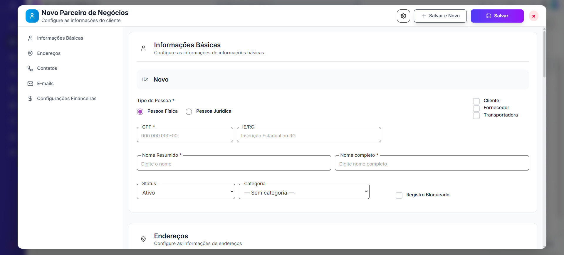 Tela inicial de Parceiros de Negócios