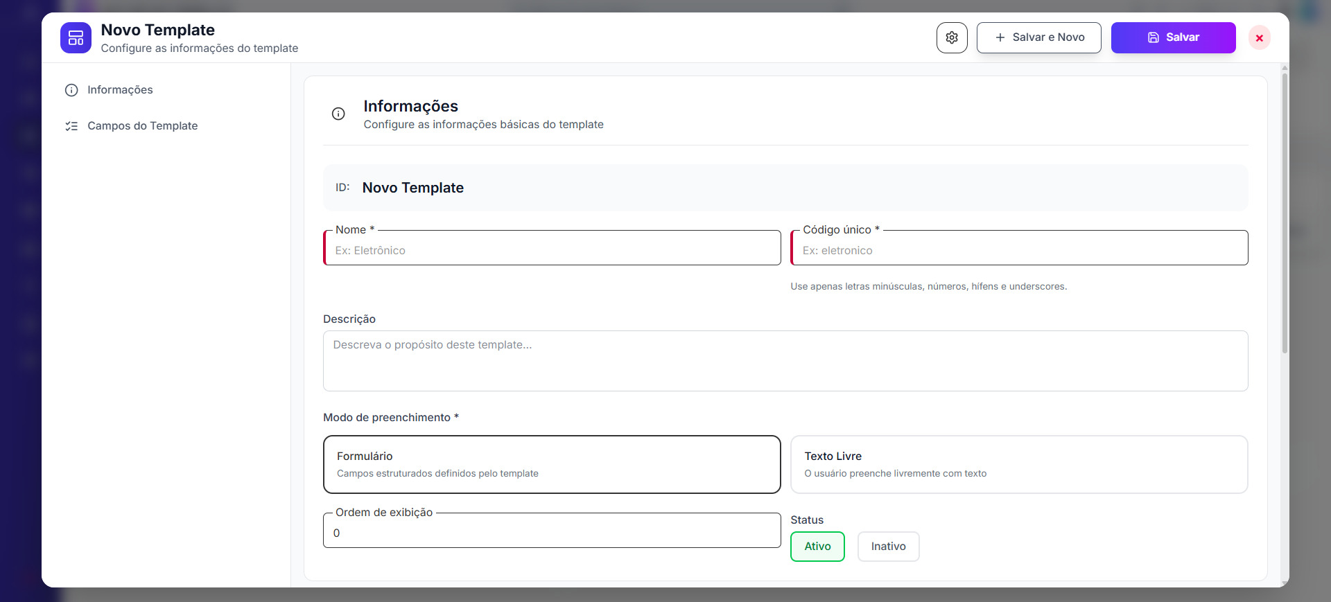 Tela inicial de Produtos Templates