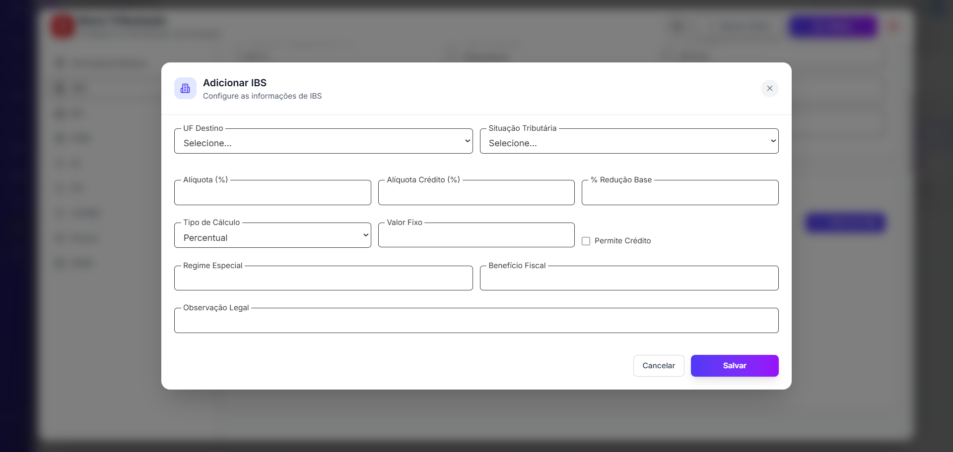 Modal Adicionar IBS com campos por UF destino e situação tributária