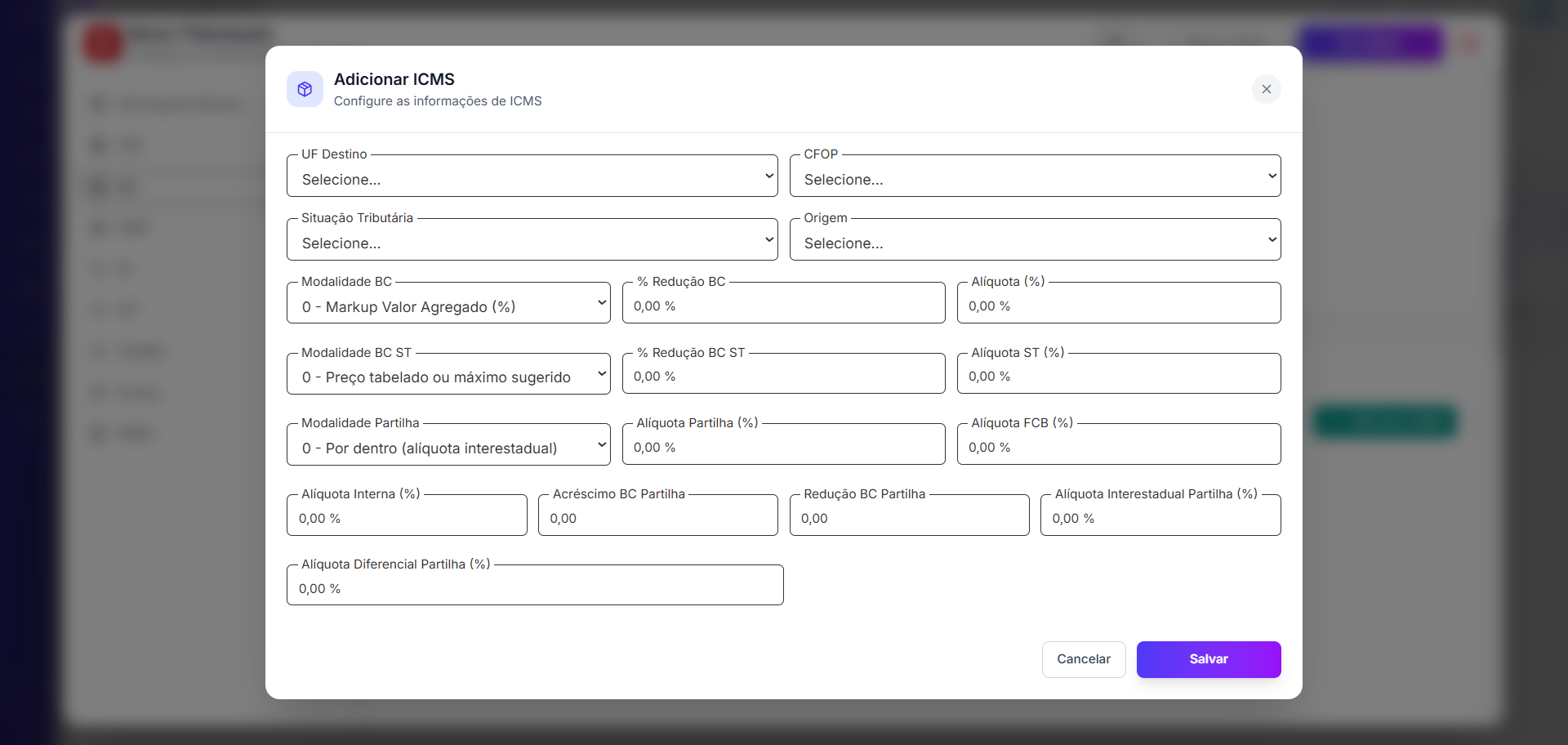 Modal Adicionar ICMS com campos de UF, CFOP, CST e partilha