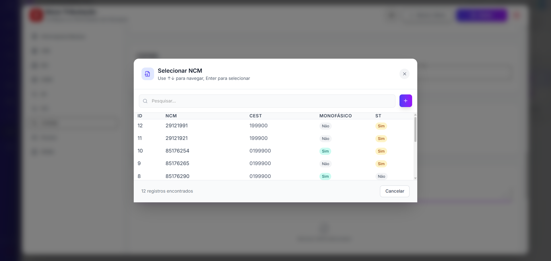 Modal Selecionar NCM com pesquisa e lista de códigos NCM